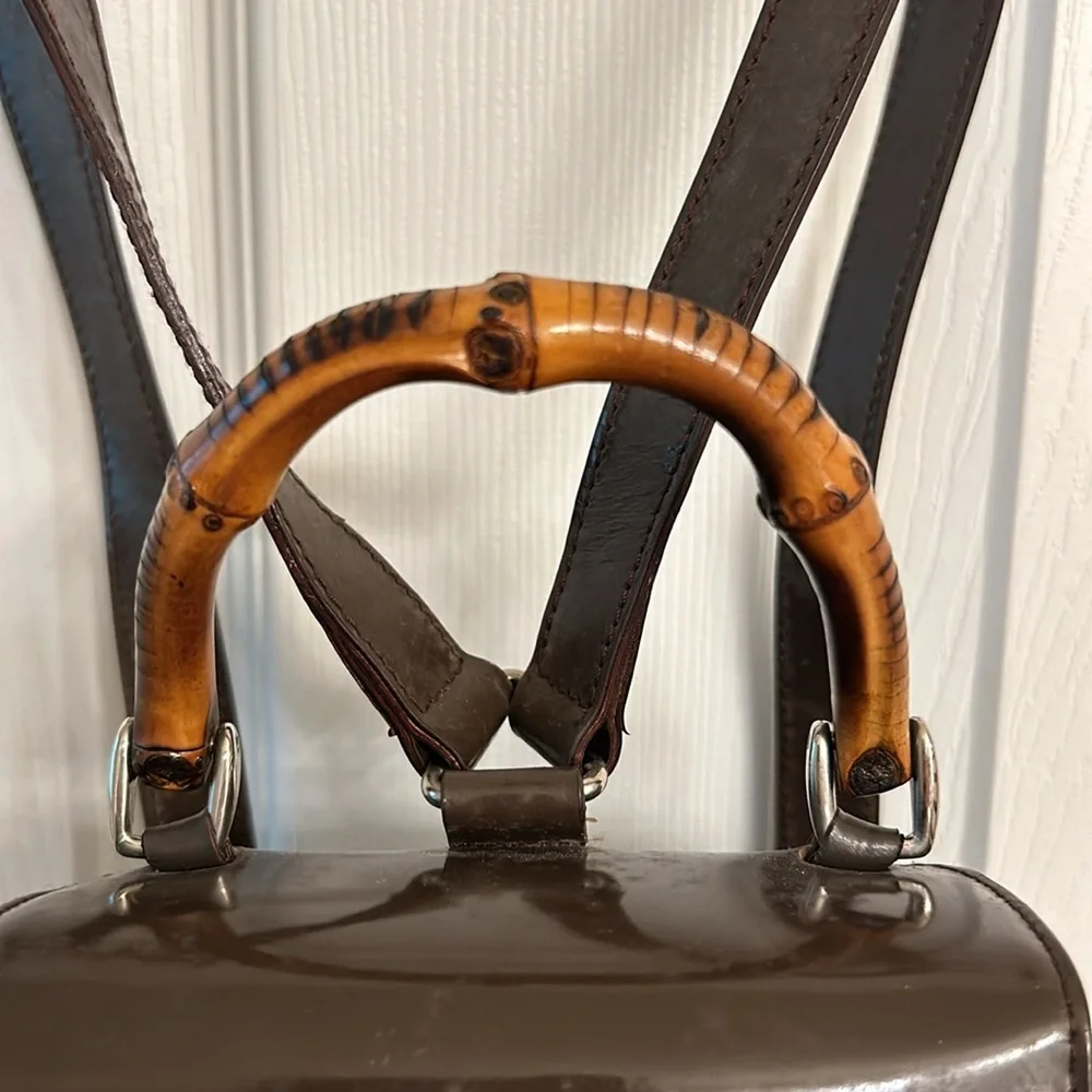 Vintage Gucci Brown Backpack Bamboo Handle Nylon Leather Adjustable Straps